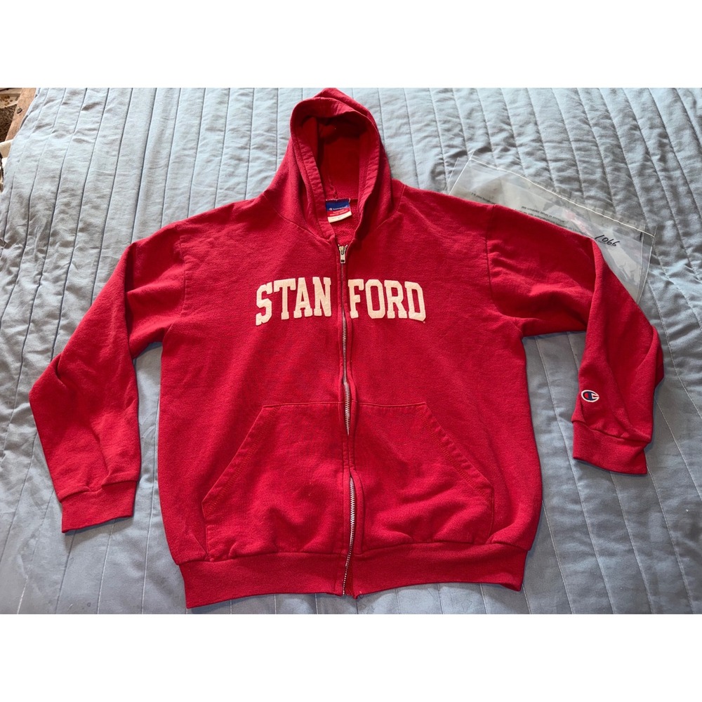 Vintage Champion Stanford University Full Zip Hoodie Red Graphic Womens XL